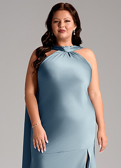 Azazie Kinsley Bridesmaid Dresses Dusty Blue Mermaid Side Slit Stretch Satin Dress image12