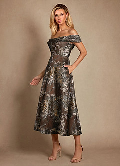 Azazie Maricela Mother of the Bride Dresses Mocha Coco A-Line Off the Shoulder Jacquard Dress image2