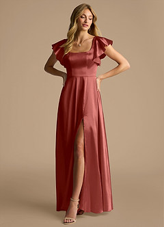 Azazie Bondi Bridesmaid Dresses Terracotta A-Line Bow Metallic Satin Dress image4