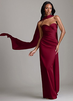 Azazie Sonora At-home Try On Dresses Burgundy Sheath Strapless Stretch Satin Dress image1