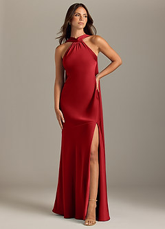 Azazie Kinsley Bridesmaid Dresses Pomegranate Mermaid Side Slit Stretch Satin Dress image1