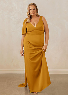 Christian Siriano Bridal for Azazie 1011 Bridesmaid Dresses Butterscotch Mermaid Bow Stretch Satin Dress image16