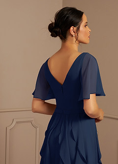Azazie Watson At-home Try On Dresses Dark Navy A-Line V-Neck Chiffon Dress image5