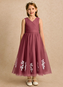 Azazie Rylie vestidos de niña de las flores Vestido Merlot de Tul de Línea A con Encaje image3