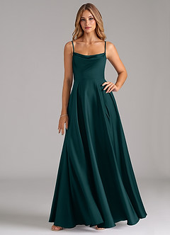 Azazie Elle Bridesmaid Dresses Pine A-Line Pleated Stretch Satin Dress image1