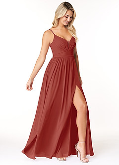 Azazie Rayna Final Sale Terracotta A-Line V-Neck Pleated Chiffon Dress image4