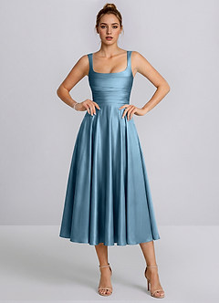 Azariya Stahlblau Satin-Midikleid mit eckigem Ausschnitt und Schnürung in A-Linie image4