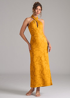 Azazie Marlissa Bridesmaid Dresses Butterscotch Sheath Pleated Floral Burnout Dress image5