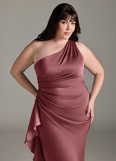 Azazie Latrice Bridesmaid Dresses Amethyst Sheath One Shoulder Cascading Ruffles Stretch Satin Dress image10