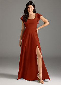 Azazie Bondi Bridesmaid Dresses Rust A-Line Ruched Stretch Crepe Dress image2