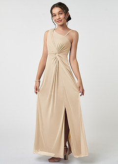 Azazie Brooke Junior Abito A-Line in Maglia Plissettato Champagne image3