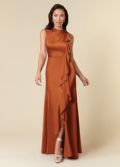 Azazie Narine Mother of the Bride Dresses Cinnamon A-Line High Neckline Pleated Stretch Satin Dress image3