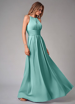Azazie Bonnie Bridesmaid Dresses Aqua A-Line Pleated Stretch Satin Dress image4