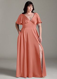 Azazie Kimber Bridesmaid Dresses Salmon Pink A-Line Ruched Stretch Satin Dress image9