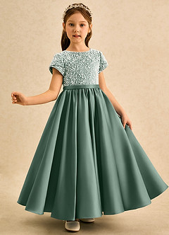 Azazie Cashew Flower Girl Dresses Eucalyptus Ball-Gown with Sleeves Matte Satin Dress image4