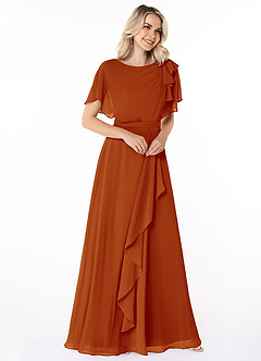 Azazie Aaliyah Bescheiden Bruidsmeisjekleding A-Lijn Bocht Gevouwen Chiffon Vloerlengte Jurk image3