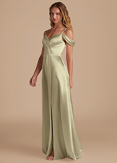 Azazie Ocean Robes de demoiselle d'honneur Robe Trapèze en Satiné métallisé Épaule décolletée Vert Mousse image4