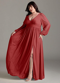 Azazie Norah Bridesmaid Dresses Rust A-Line V-Neck Long Sleeve Chiffon Dress image10