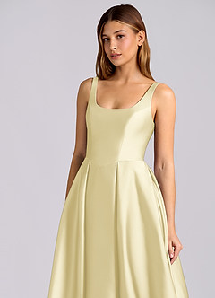 Azazie Amalie Bridesmaid Dresses Lemon Sorbet A-Line Pleated Stretch Satin Dress image6