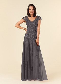 Azazie Romy Mother of the Bride Dresses Steel Grey Mermaid V-Neck Sequins Tulle Dress image1