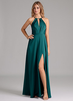 Azazie Evalleen Brautjungfernkleider A-Linie Plissee Stretch-Satin Kleid Pfau image1