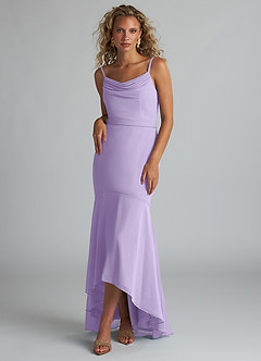 Azazie Summer Bridesmaid Dresses Lilac Mermaid Scoop Cowl Chiffon Dress image1