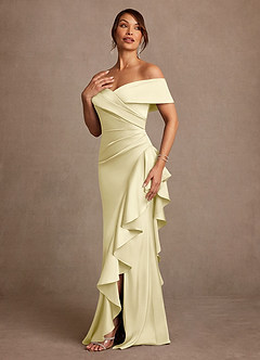 Azazie Kirsty Mother of the Bride Dresses Lemon Sorbet Sheath Off the Shoulder Stretch Satin Dress image3