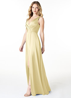 Azazie Nelly Bridesmaid Dresses Lemon Sorbet A-Line V-Neck Pleated Stretch Satin Dress image3