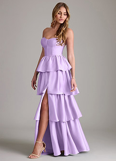 Azazie Faye Bridesmaid Dresses Lilac A-Line Ruched Stretch Satin Dress image3