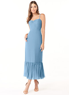 Azazie Justina Jurken voor bruidsmeisjes Jurk van Chiffon met A-Lijn Sweetheart Halslijn Staal Blauw image1