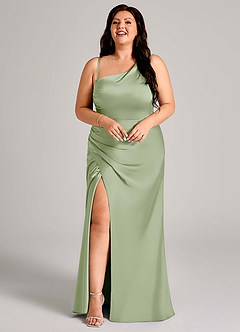 Azazie Madelyn Bridesmaid Dresses Dusty Sage Mermaid One Shoulder Stretch Satin Convertible Dress image15