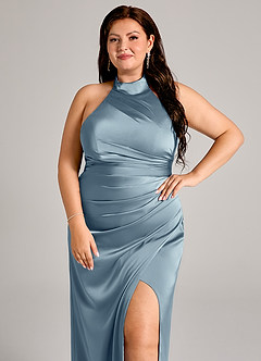 Azazie Jemma Jurken voor bruidsmeisjes Jurk van Stretch Satijn met Kolom Geplooid Stoffig Blauw image8