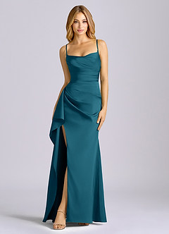 Azazie Sarai Bridesmaid Dresses Ink Blue Sheath Corset Stretch Satin Dress image3