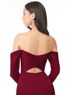 Azazie Hallie Bridesmaid Dresses Burgundy Sheath Off-The-Shoulder Long Sleeve Stretch Satin Convertible Dress image7