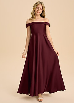 Azazie Sissy Junior A-Linie Schulterfrei Stretch-Satin Kleid Cabernetrot image4