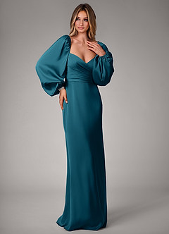 Azazie Sonata Bridesmaid Dresses Ink Blue Sheath Long Sleeve Stretch Satin Convertible Dress image4