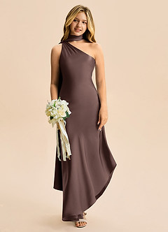 Azazie Briony Junior Ganache Sheath Pleated Stretch Satin Dress image1