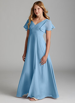 Azazie Kimber Junior Steel Blue A-Line Pleated Chiffon Dress image5