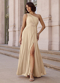 Azazie Brooke Bridesmaid Dresses Champagne A-Line One Shoulder Chiffon Dress image2