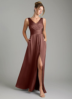 Azazie Karina Bridesmaid Dresses Espresso A-Line Pleated Stretch Satin Dress image1