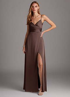 Azazie Calissa Final Sale Agave A-Line V-Neck Pleated Stretch Satin Dress image1