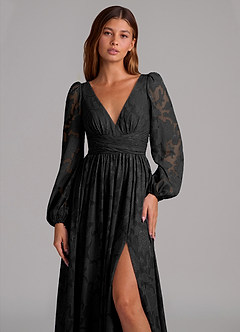 Azazie Norah Bridesmaid Dresses Black A-Line Long Sleeve Floral Burnout Dress image7
