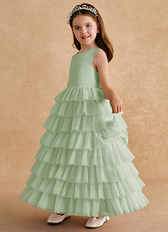 Azazie Twinkle Toes Flower Girl Dresses Dusty Sage A-Line Bow Tulle Dress image4