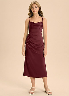 Azazie Mai Junior 쉬스 주름진 스트레치 새틴 티 길이 주니어 신부 들러리 드레스 image3