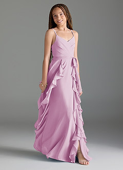 Azazie Peyton Junior Vestido de Rosa Caramelo de Gasa de Corte En A con Volantes en cascada Cuello en V image3