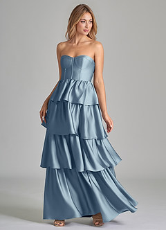 Azazie Faye Bridesmaid Dresses Dusty Blue A-Line Ruched Stretch Satin Dress image6