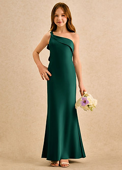 Azazie Almond Girls Formal vestidos de niña de las flores Vestido de Esmeralda de Satén Elástico de Corte Recto con Hombro unilateral image4