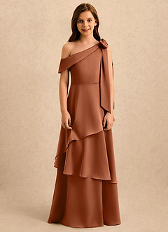Azazie Shyloh Girls Formal Flower Girl Dresses Copper A-Line Off the Shoulder Stretch Satin Dress image6