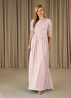 Azazie Mirielle Mother of the Bride Dresses Blushing Pink A-Line Scoop Lace Chiffon Dress image1