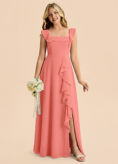 Azazie Nori Junior Salmon Pink A-Line Ruched Chiffon Dress image1